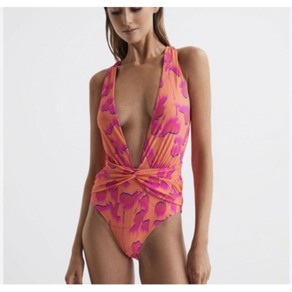 REISS Floral Print Plunge One Piece Swimsuit Womens 6 halter‎ ruched twist boho